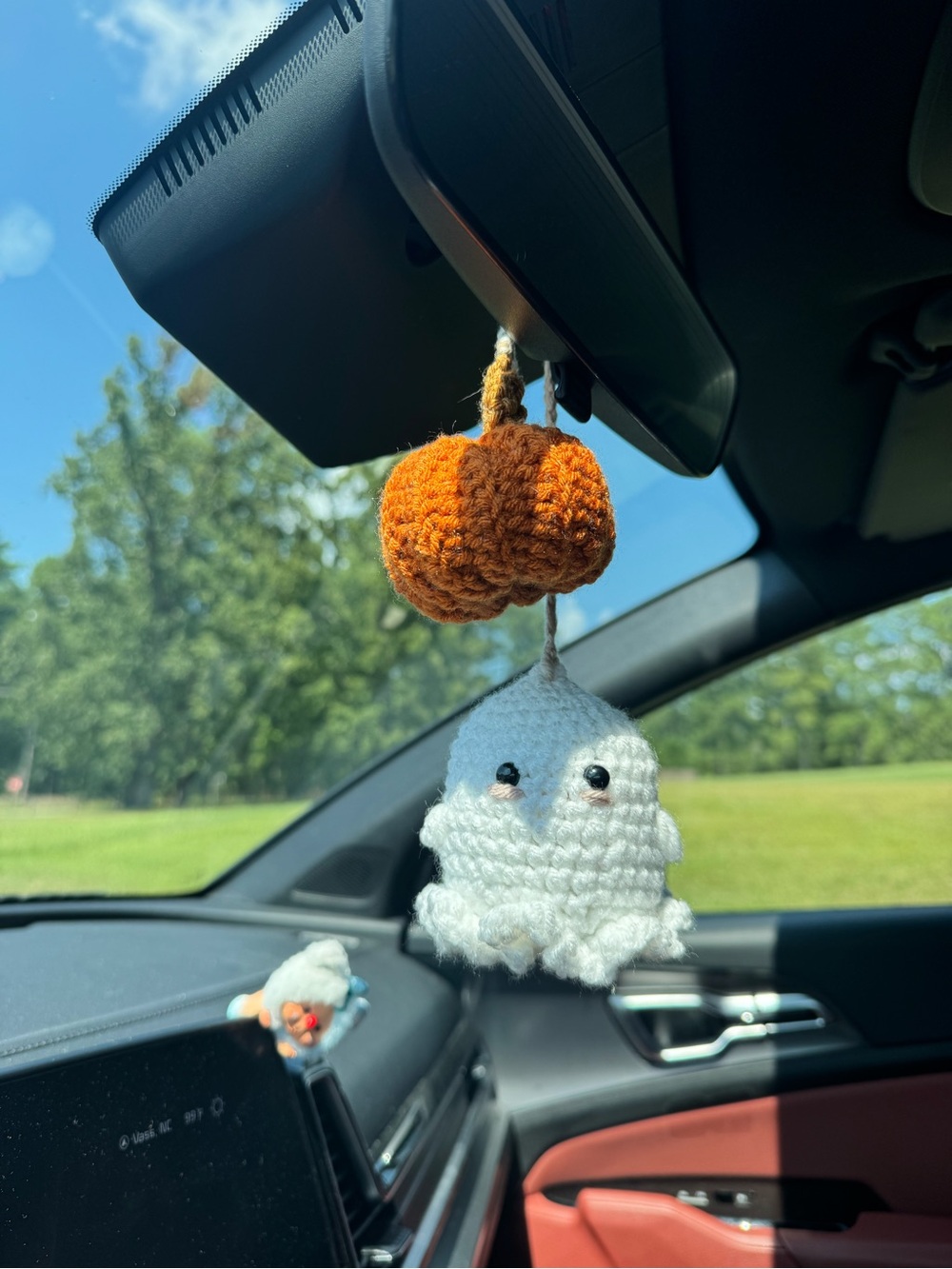 Handmade Crochet Pumpkin and Ghost Holiday Car Ornaments